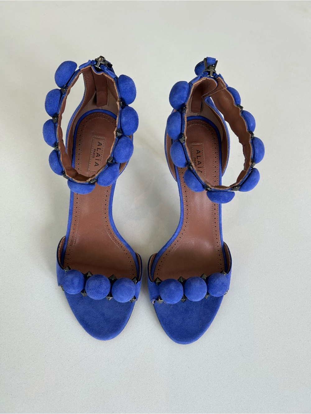 Alaïa Cobalt Blue Suede Pom-Pom Ankle Strap Heels